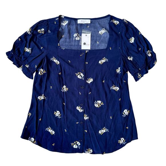 Elodie Women's Size Medium Navy Blue Floral Puff Sleeve Button Up Blouse Top NWT - Picture 2 of 9